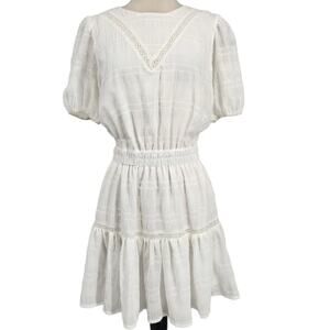 Aura Smocked White Dress Puff Sleeve Lace Insert Gossamer Overlay Size Medium